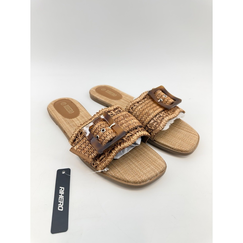 Rihero Women's 10 Raffia Slip On Sandle Open Toe Square Woven Buckle